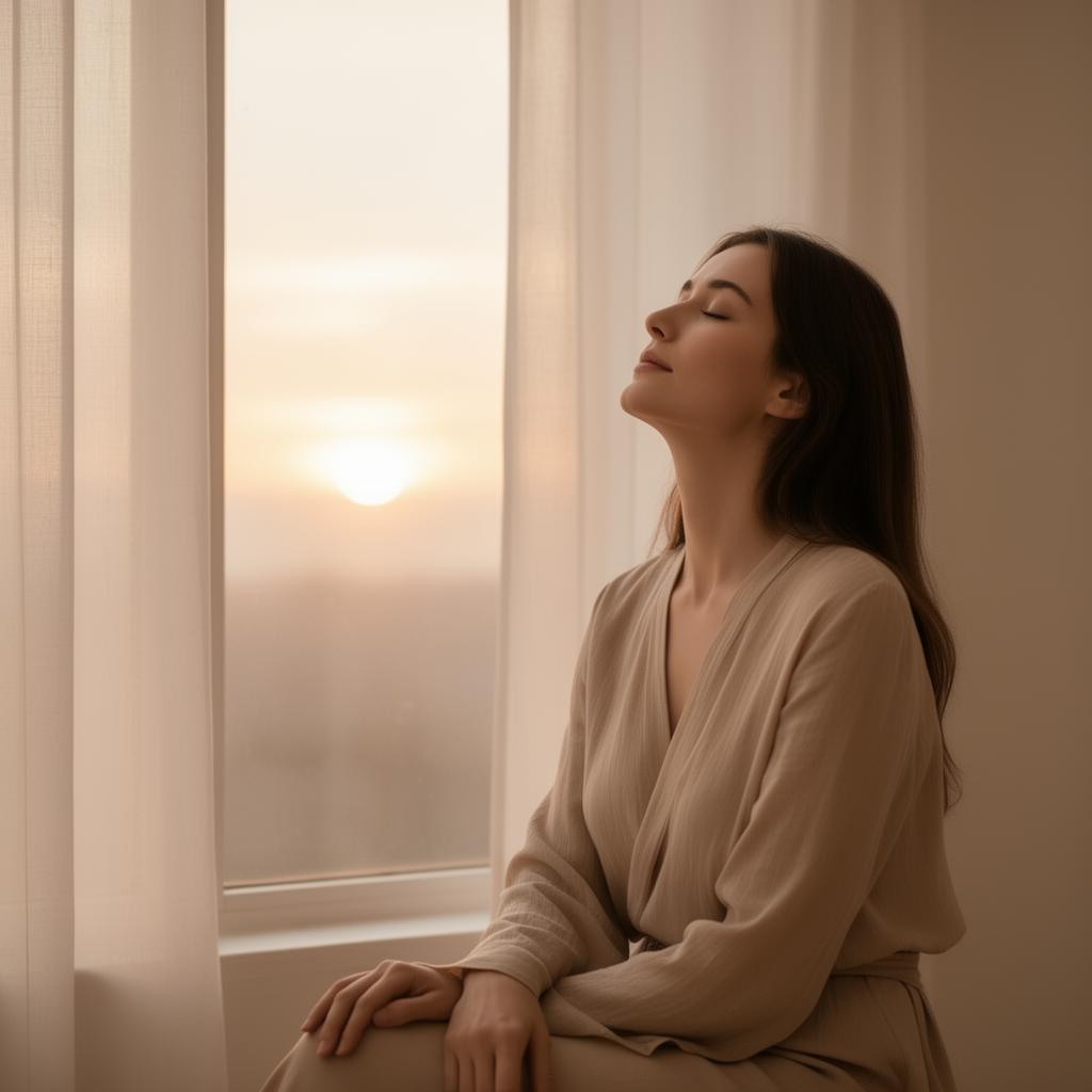 Mujer en paz junto a la ventana